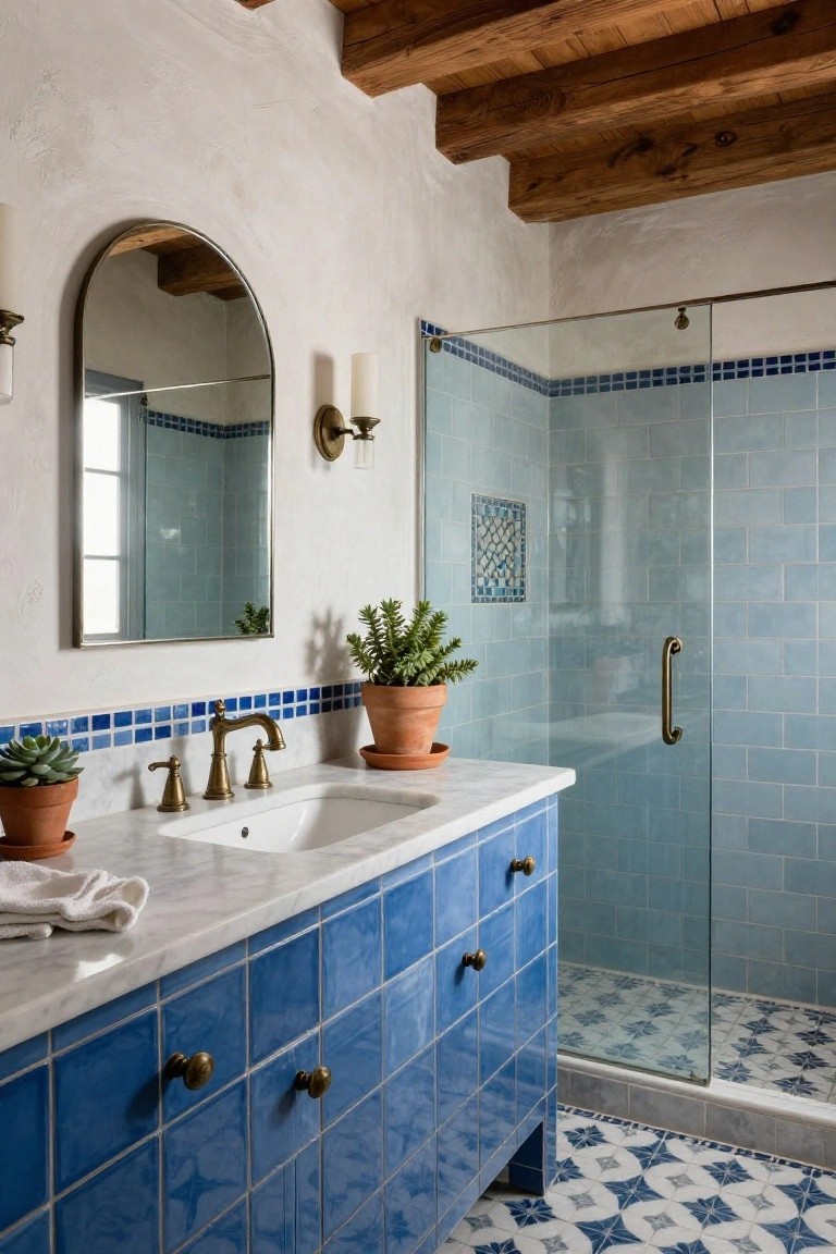 A bathroom interior with white plaster walls, exposed wood beam ceiling, blue tiled cabinets under a white marble vanity, glass shower enclosure with blue tiles and mosaic accents, arched mirror, brass fixtures, and potted succulents.