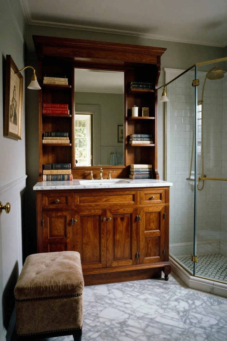 A traditional bathroom with wooden bookshelves built into the vanity surrounding a large mirror, marble countertop and sink, brass faucets, glass shower enclosure with subway tile, and a tufted ottoman on marble tile floor.