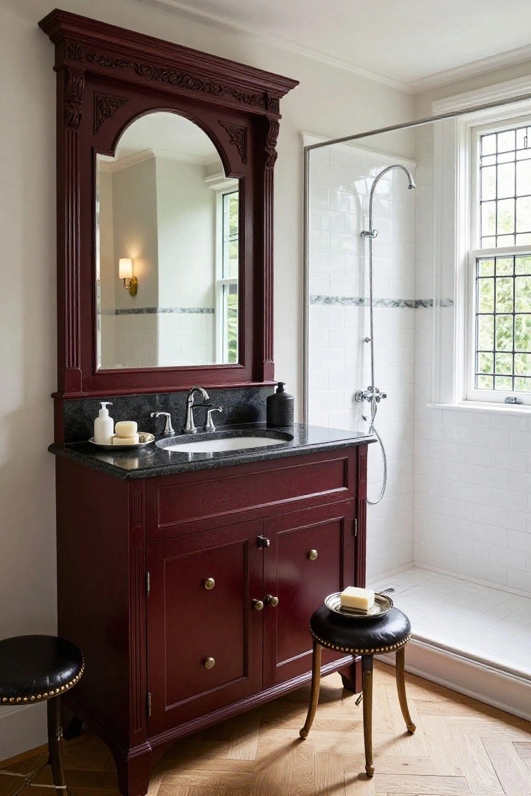 Traditional bathroom with a tall burgundy wooden vanity topped by black granite and an oval mirror, next to a white subway tile shower and wooden stool on herringbone floor.