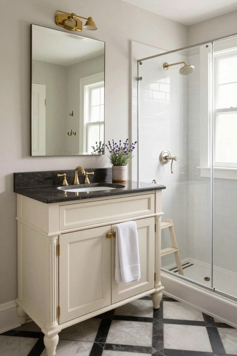A small traditional bathroom with a cream wood vanity topped by black granite, gold faucet and hardware, large wall mirror, brass sconce, glass shower enclosure with white subway tile, lavender plant on counter, and black and white checkered marble floor.