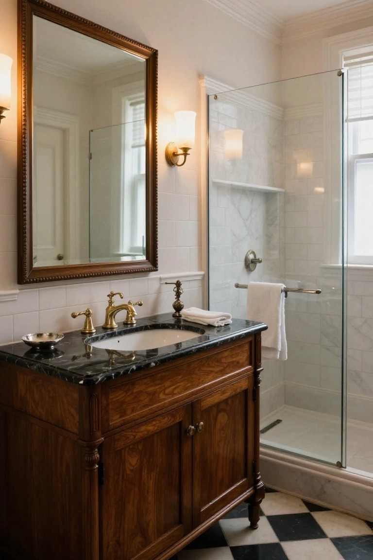 Traditional bathroom with wooden vanity topped by black marble sink, brass faucet, white subway tile walls and shower enclosure, and black-and-white checkered floor tiles.