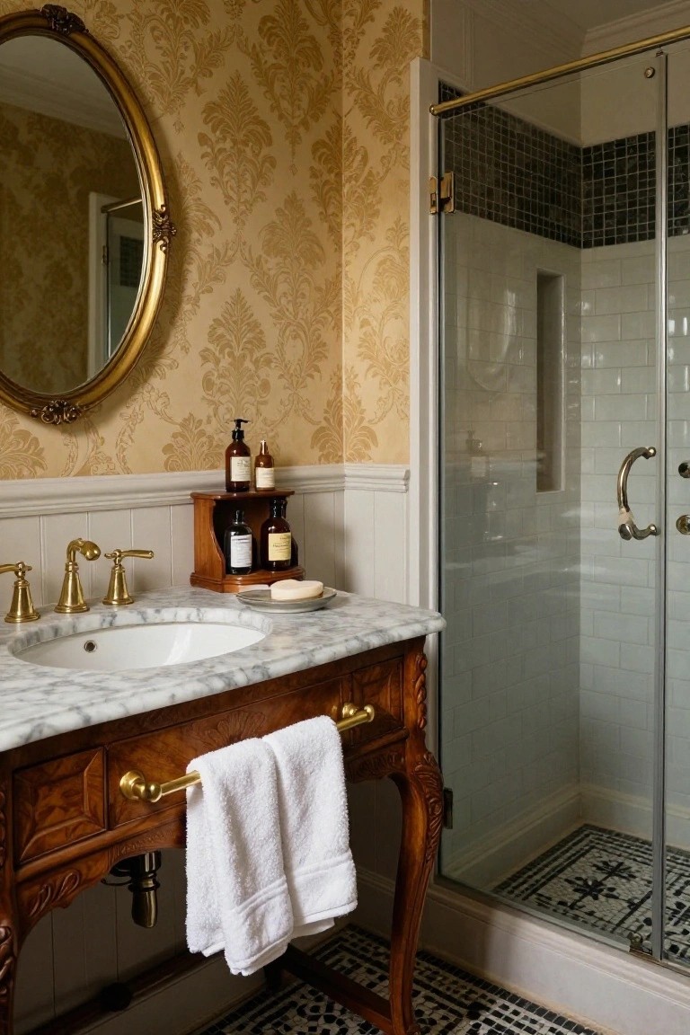 Ornate wooden vanity with marble sink, brass faucets and towel bar, gold-framed oval mirror, damask wallpaper, and glass shower enclosure in a traditional bathroom.
