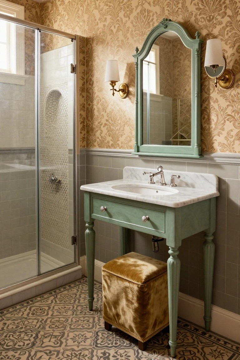 A traditional bathroom with beige damask wallpaper on upper walls, gray subway tile wainscoting, sage green painted console vanity with white marble top and brass faucet, arched green mirror, glass shower enclosure with pebble mosaic niche, and black and white patterned tile floor.
