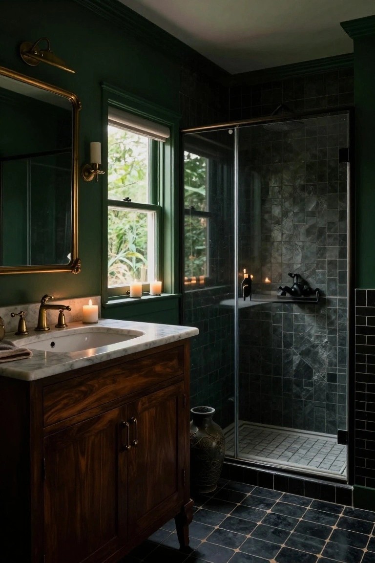 A traditional bathroom with deep green walls and matching green slate-like shower tiles, wooden vanity cabinet with white marble sink top, brass fixtures and mirror frame, glass shower enclosure, and several lit candles on surfaces.