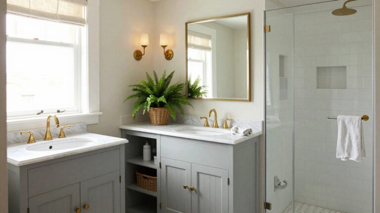 Bright bathroom interior with pale grey shaker-style double-door vanity topped by white marble countertop and sink, brass faucet and hardware, potted fern plant on vanity, woven basket on floor, white towel on brass bar, glass shower enclosure, white hexagonal tile floor, and wall mirror with sconces.