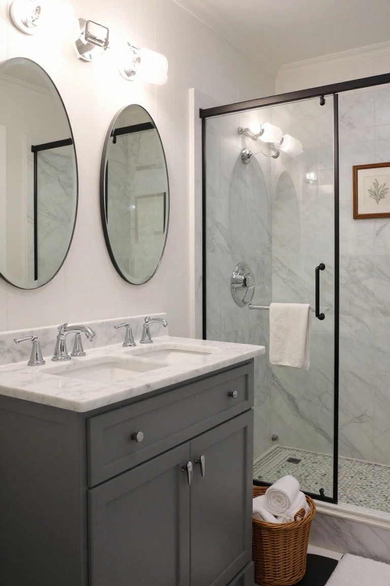 Bathroom with dark gray double vanity, white marble countertop and sinks, two large oval mirrors on white wall, and glass shower enclosure with white marble tile walls and pebble floor.