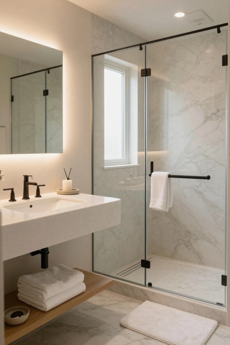 Matte Black Fixtures in a Marble Bathroom