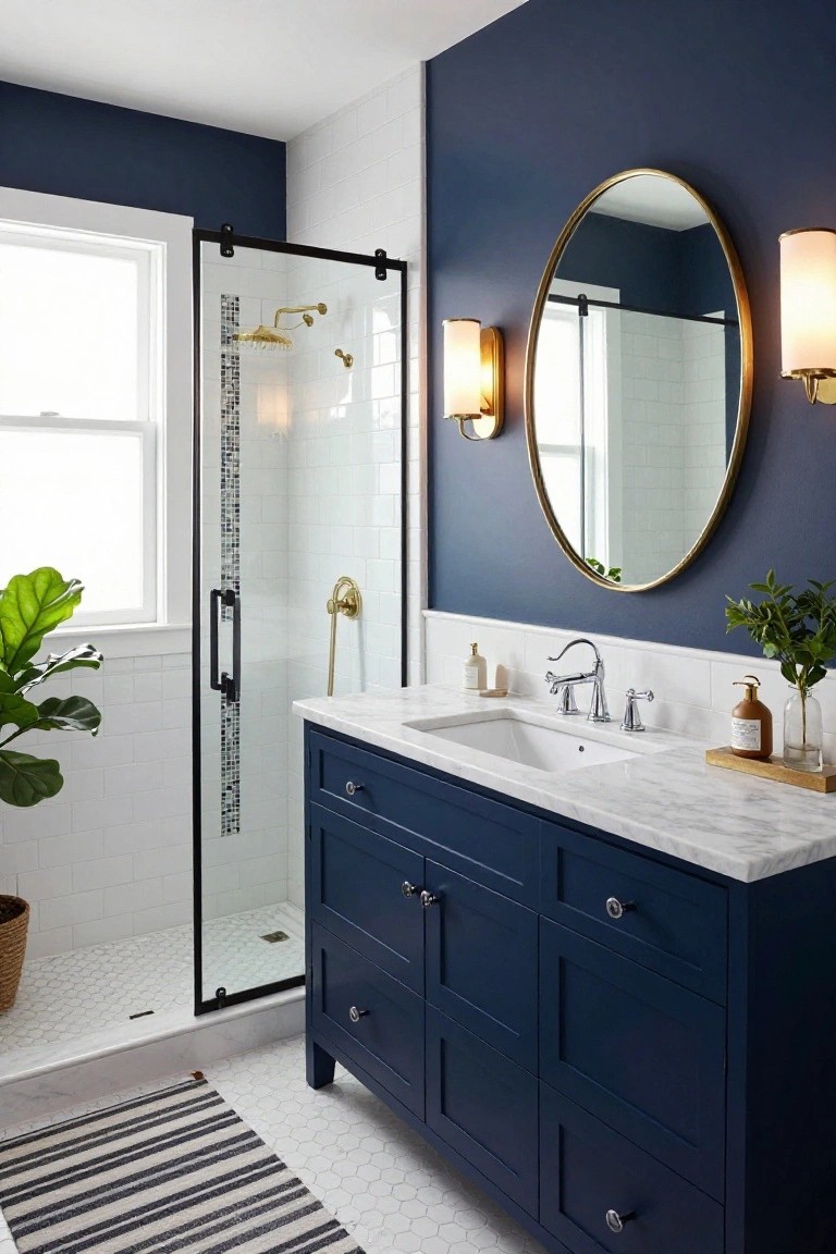 Bathroom with navy blue walls and matching wood vanity topped by white marble sink, glass shower enclosure with white subway tiles, large round gold mirror, gold sconces, and potted plants on white hexagonal tile floor.