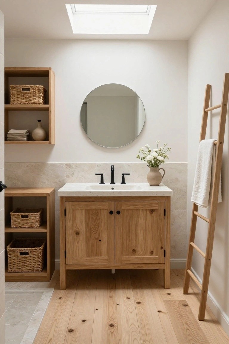 Bright bathroom interior with skylight, white walls and tiles, round mirror above white sink on oak wood vanity with cabinets, wood open shelves holding baskets and vase, ladder towel rack with white towel, small wood stool with basket, and light oak wood flooring.