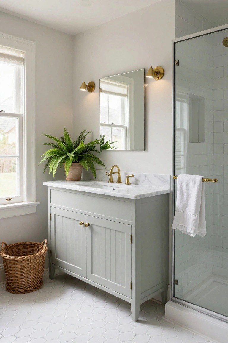 Bright bathroom interior with pale grey shaker-style double-door vanity topped by white marble countertop and sink, brass faucet and hardware, potted fern plant on vanity, woven basket on floor, white towel on brass bar, glass shower enclosure, white hexagonal tile floor, and wall mirror with sconces.