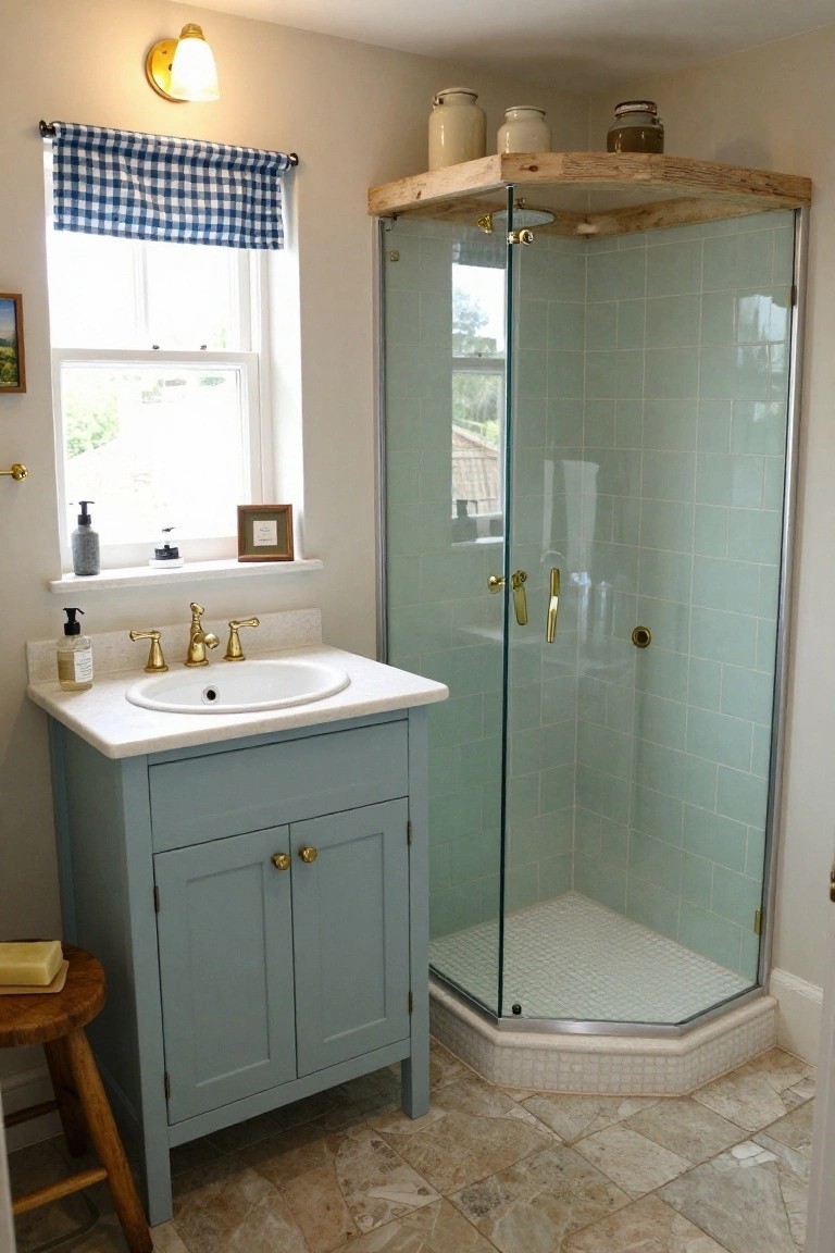 Compact bathroom with glass corner shower featuring light green tiles, blue painted shaker-style vanity with brass faucet and sink, wooden stool, and checkered curtain over window.