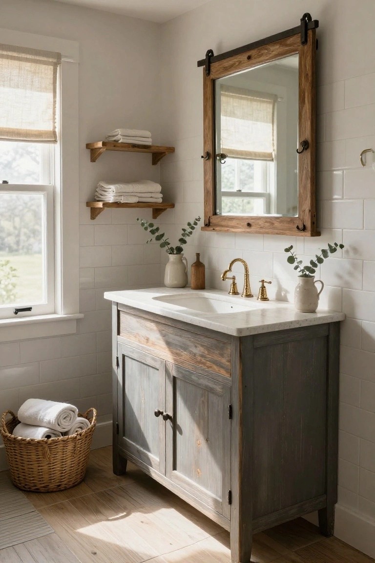 A bathroom with white subway tile walls, a large wood-framed barn-style sliding mirror on a metal track above a gray wood vanity and white sink, gold faucet, eucalyptus in white pitchers, folded white towels on wooden shelves, and a wicker basket of towels on the wood floor.