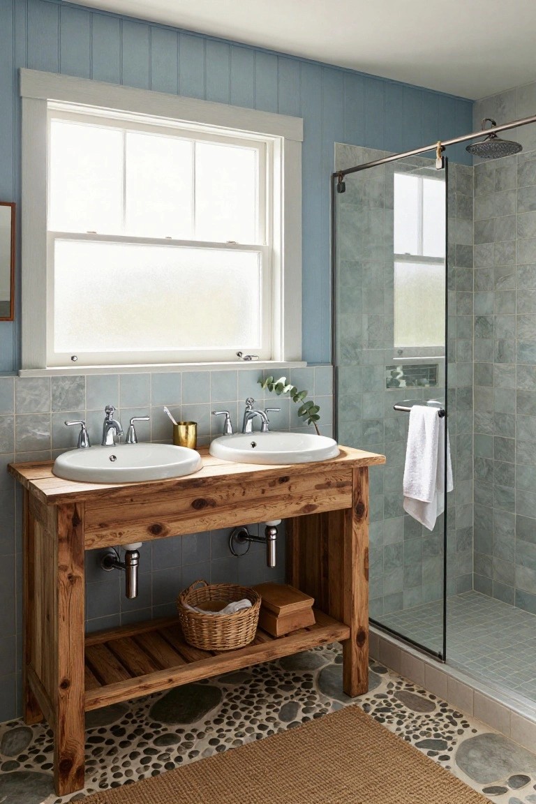 Bathroom interior with light blue shiplap walls, a rustic wooden double vanity topped with two white oval sinks, chrome faucets, blue subway tile backsplash, glass shower enclosure with gray tiles, pebble stone floor, and seagrass rug.