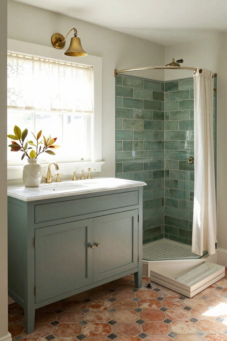 Traditional bathroom with sage green wooden vanity cabinet, white marble countertop, brass faucets, corner glass shower enclosed by curved brass rod and white fabric curtain with green subway tile walls, terracotta octagonal floor tiles, sheer window curtains, and magolia branch in white vase.