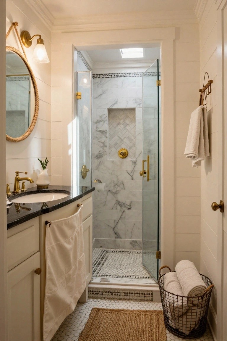 Compact bathroom with white shiplap walls, glass shower door revealing gray marble tile interior with niche, black countertop sink cabinet, brass faucet and hardware, round rope mirror, and towel basket on hex tile floor.