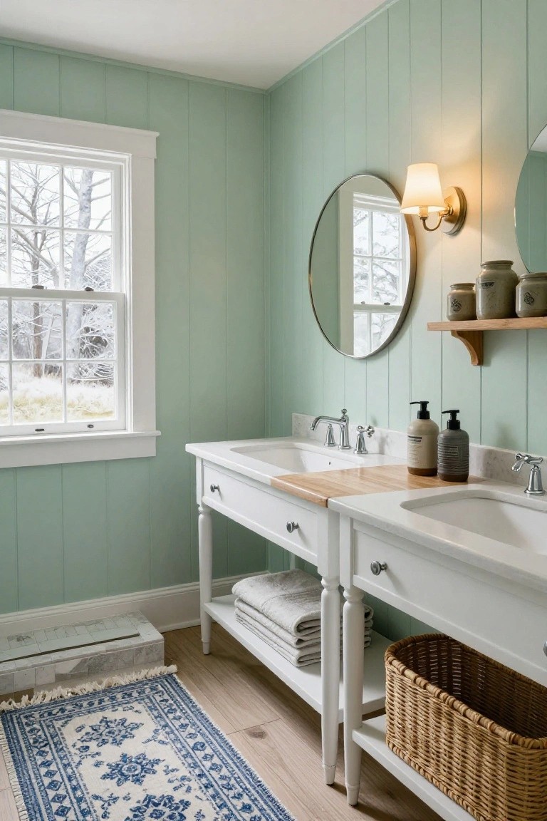 Bathroom with pale green vertical shiplap walls, white double vanity featuring wooden tops over sinks, round wall mirror with sconce light, woven basket storage, and window showing winter trees outside.