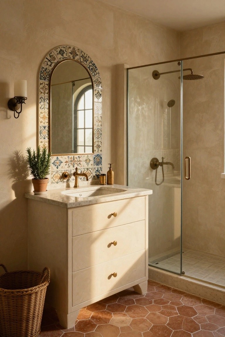 Beige bathroom with arched mirror framed in blue and white patterned tiles, white marble sink vanity on wood cabinet, glass shower enclosure, brass fixtures, potted rosemary plant, woven basket, and terracotta hexagonal floor tiles.