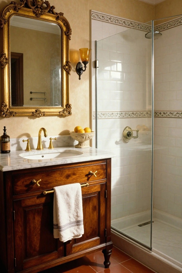 A traditional bathroom with ornate gold-framed mirror, wooden vanity cabinet topped by white marble sink and gold faucet, bowl of lemons on counter, white subway tile shower with glass door.