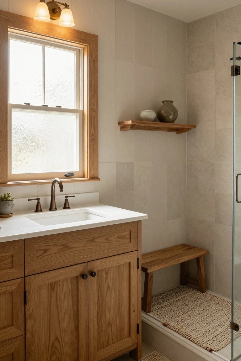 Bathroom with oak wood vanity and cabinetry under a white quartz sink, wooden shower bench inside a glass enclosure, beige tiled walls, wooden shelf holding pottery, and a window letting in light.