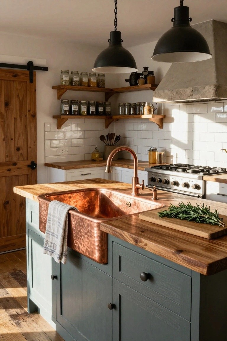Rustic kitchen interior with a hammered copper farmhouse sink integrated into a wooden island countertop, green cabinets, wood shelves with jars, white subway tile backsplash, and a gas stove.