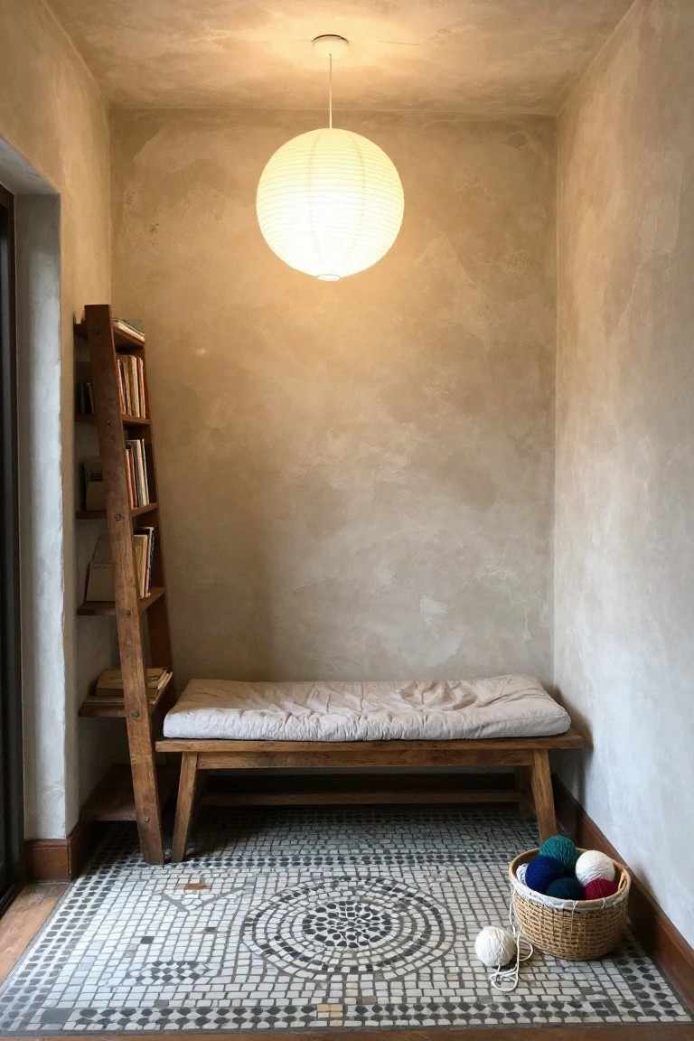 Small indoor alcove with wooden ladder bookshelf stocked with books, cushioned wooden bench below, hanging white paper lantern from ceiling, basket of colorful yarn balls on black and white mosaic tile rug, textured beige walls.