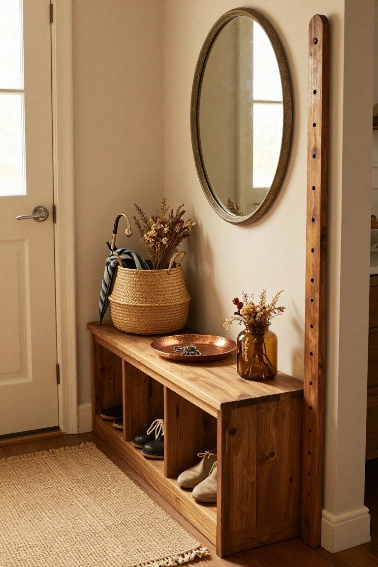 Entryway corner with wooden bench featuring cubbies holding pairs of shoes, adjacent wicker basket with umbrellas and dried flowers, copper tray with keys on bench top, amber glass jar of dried flowers, round metal-framed mirror, and tall wooden peg rail next to open front door on beige walls.