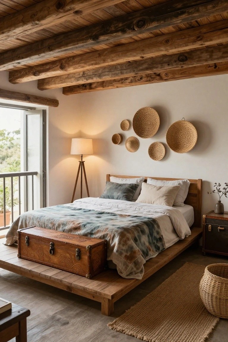 Bedroom with dark exposed wooden beams on the ceiling, white walls hung with assorted woven straw baskets, low wooden platform bed covered in white sheets and a blue tie-dye blanket, tripod floor lamp, wooden side table, and seagrass rug on wood floor.
