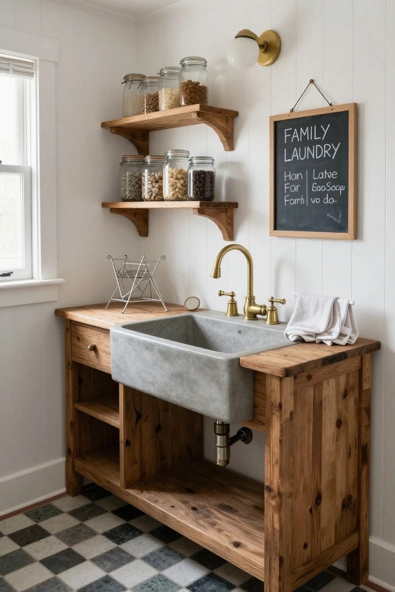 Wooden cabinet with integrated gray concrete farmhouse sink, brass faucet, drawer, open shelves, and metal drying rack in a white-walled laundry room with checkered tile floor and wall-mounted jars on wooden shelves.