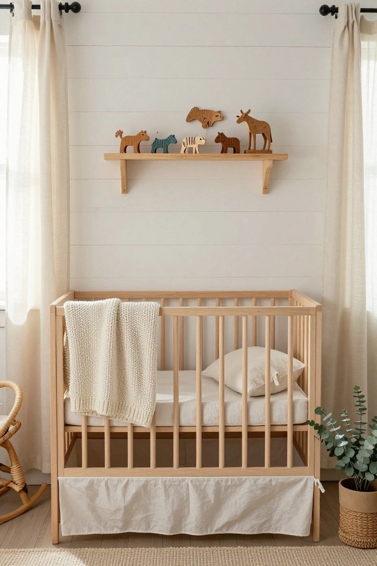 A cozy nursery with a wooden crib draped in a knitted white blanket, a floating wooden shelf displaying small carved animal figures, a wicker rocking chair, potted eucalyptus, and sheer curtains on white shiplap walls.
