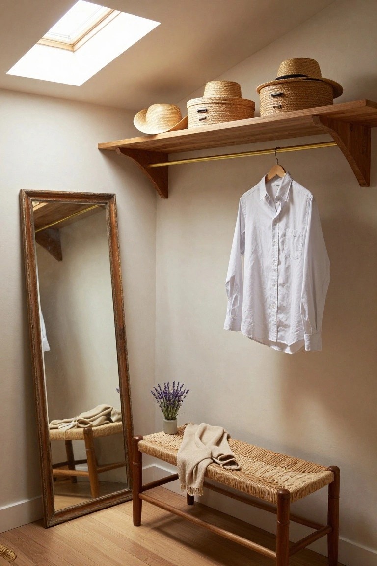 Wooden wall-mounted shelves with straw hats and boxes in a light-colored interior room, white shirt hanging from brass rod below, antique full-length mirror, rattan bench with cream throw, and vase of lavender flowers.