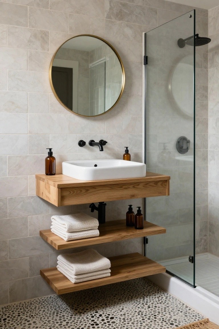 Bathroom with light gray subway tiles, round gold-framed mirror, floating oak vanity holding white sink and brown soap dispensers, open oak shelves with folded white towels, glass shower enclosure with black rain showerhead, and pebble stone floor.
