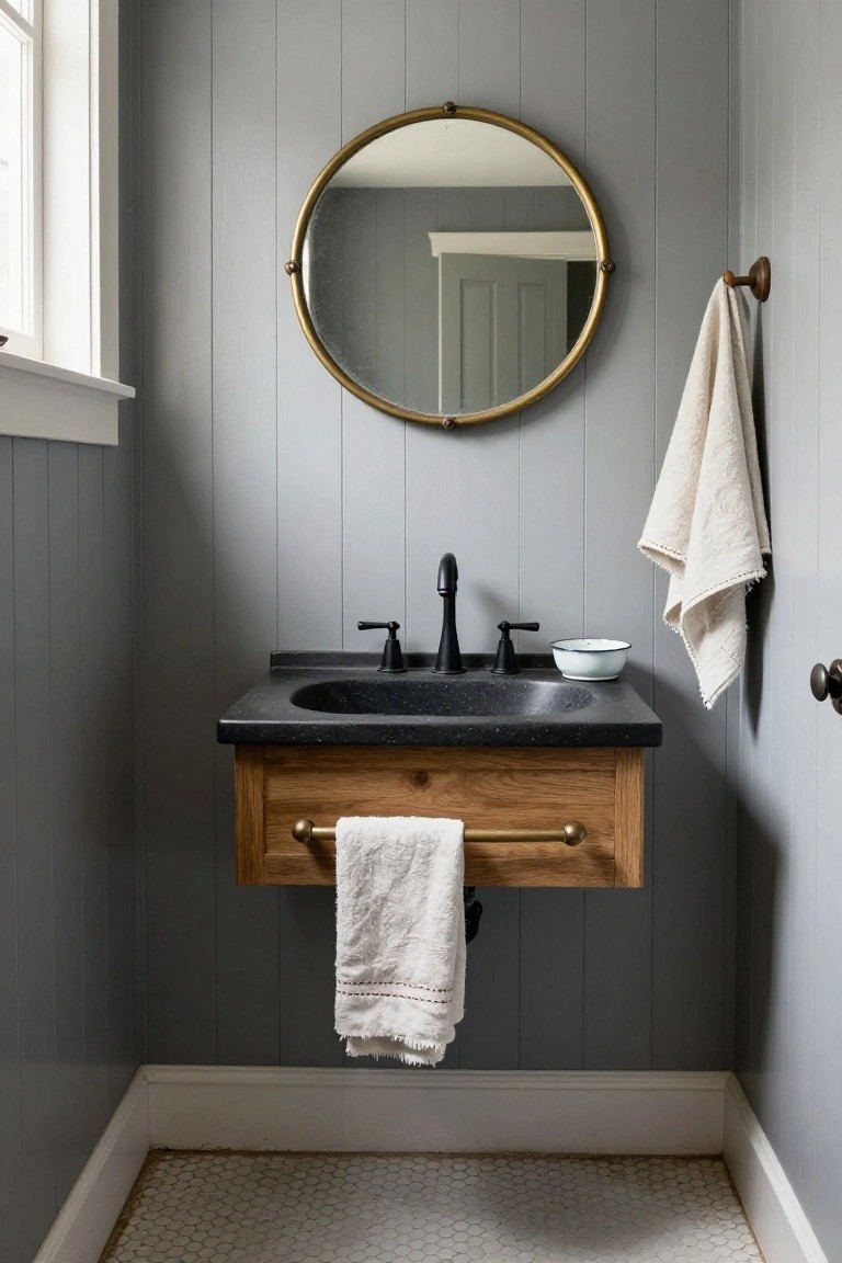Small powder room with light gray shiplap walls, round brass mirror above a floating oak wood vanity with black oval sink, brass towel bar holding white towels, and white hexagonal tile floor.