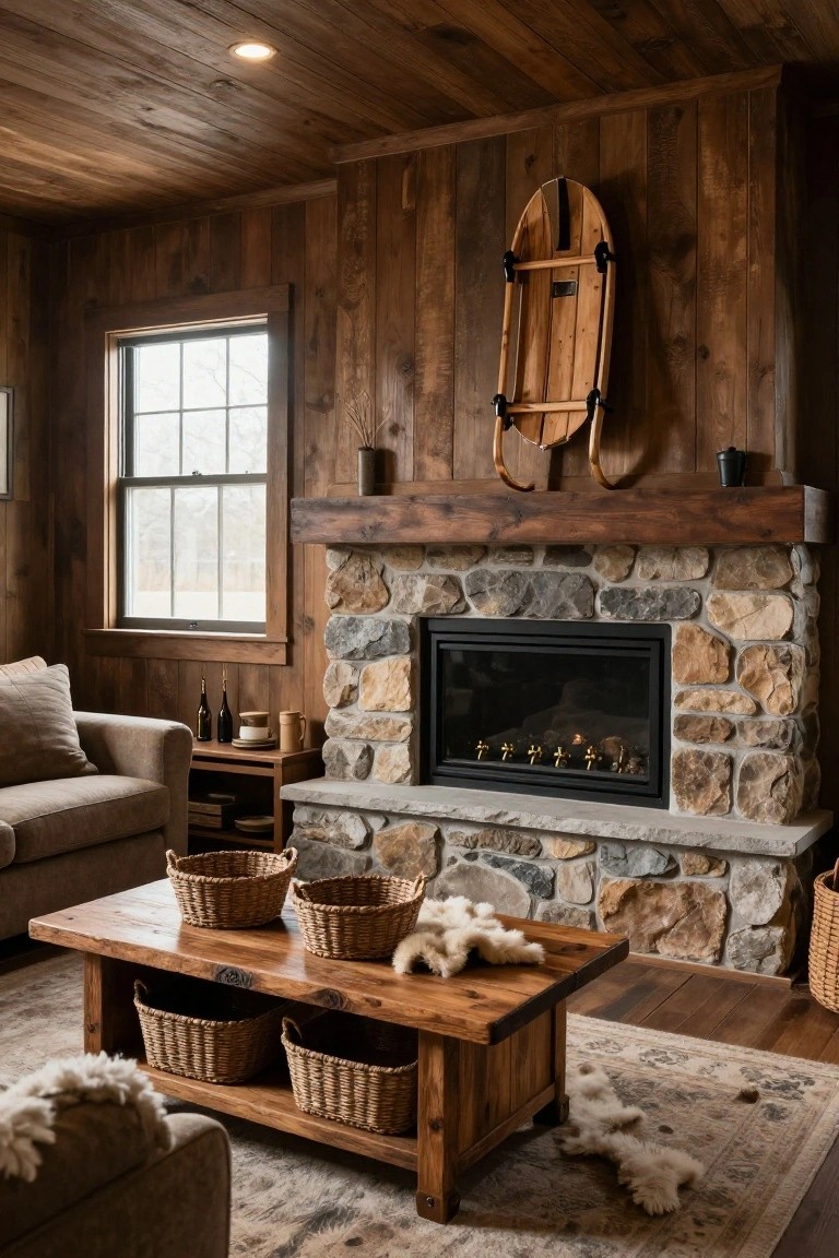 Rustic living room with dark wood paneling on walls and ceiling, stone fireplace with gas insert, wooden coffee table with wicker baskets and sheepskin throw, beige sofas, and wooden sled mounted on wall.