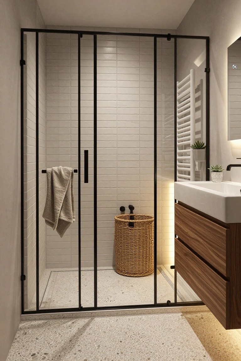 Modern bathroom with tall black metal framed glass shower doors, white subway tile walls, white towel radiator, wooden vanity under white sink, wicker laundry basket, and terrazzo floor.