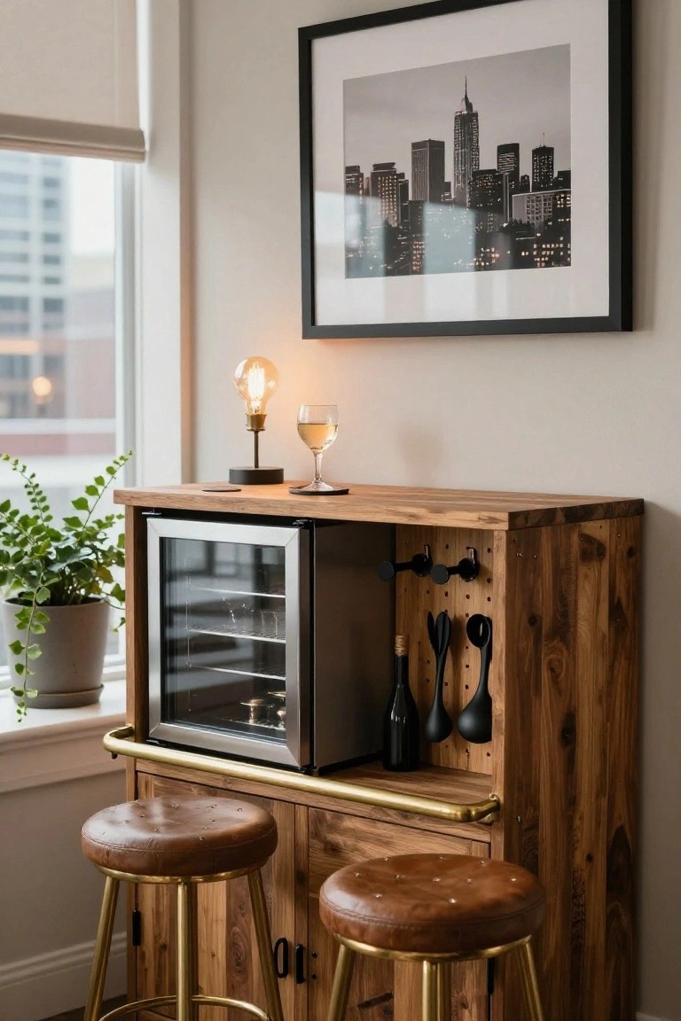 Wooden bar cabinet featuring a glass-door mini wine fridge, utensil hooks, two leather bar stools, a lamp with wine glass on the wood top, and a potted plant next to a large window showing city buildings.
