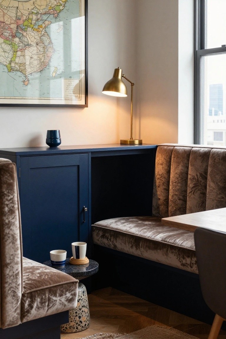 Corner seating nook with navy blue built-in cabinets and beige tufted velvet benches around a wooden table, brass lamp on sideboard, vintage map on wall, and window view in a modern interior.