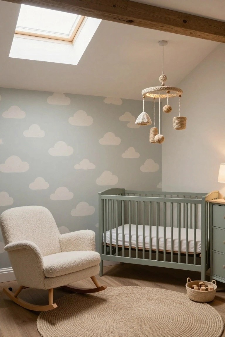 Pale gray nursery room with scattered white cloud decals on walls, green wooden crib, cream upholstered rocking chair, macrame mobile under exposed wooden beams and skylight, seagrass rug on wood floor.