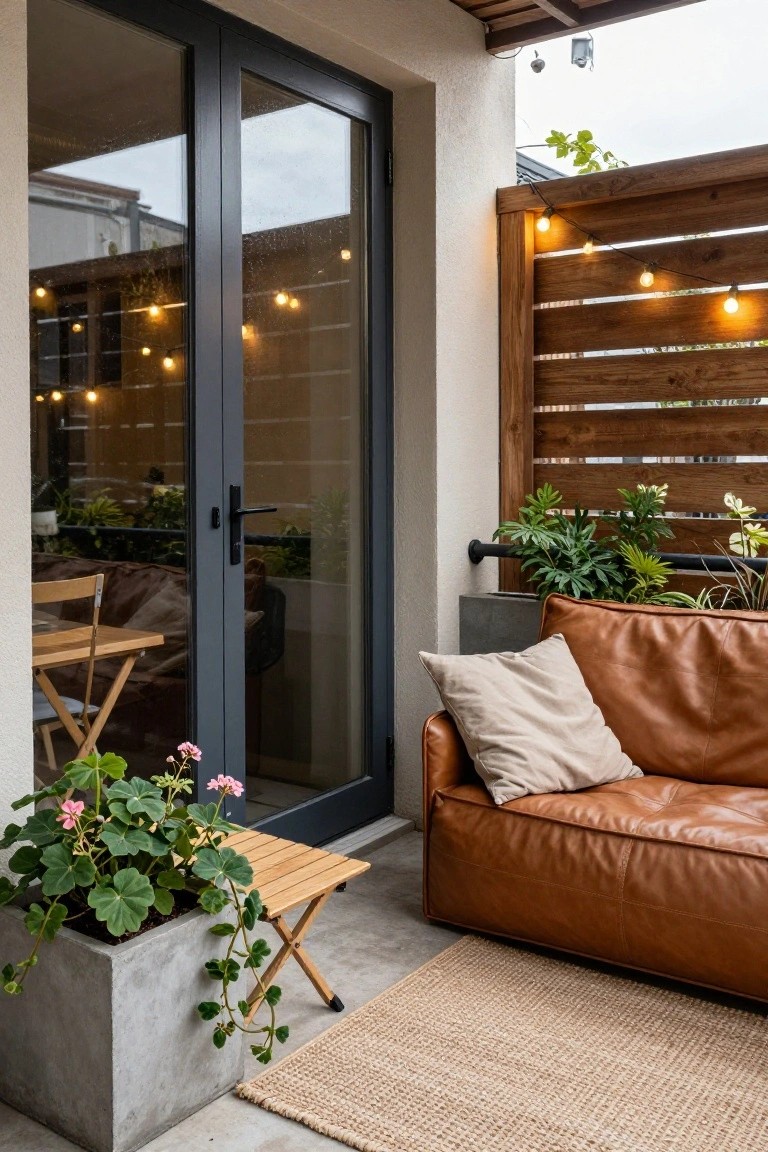 Modern balcony with brown leather L-shaped sofa, beige throw pillow, potted plants including geraniums in concrete pot, wooden folding table, seagrass rug, string lights on slatted wooden privacy fence, and dark-framed glass doors to interior.