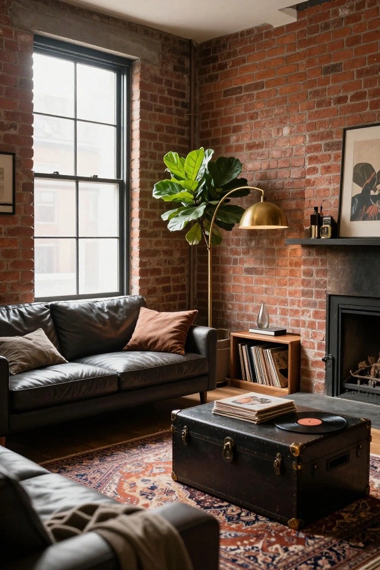 Loft living room interior with red exposed brick walls, black leather sofa with pillows and throw, vintage black trunk coffee table topped with vinyl record and album covers, gold arc floor lamp next to large fiddle leaf fig plant, wood shelves holding records, brick fireplace with logs, and orange-patterned Persian rug on wood floor.