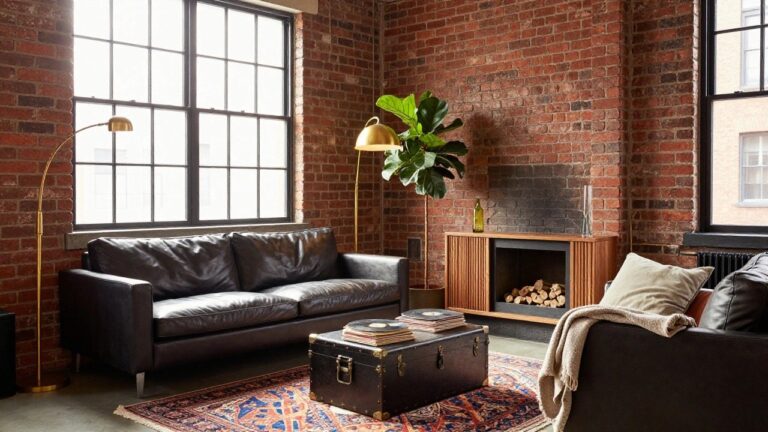 Loft living room interior with red exposed brick walls, black leather sofa with pillows and throw, vintage black trunk coffee table topped with vinyl record and album covers, gold arc floor lamp next to large fiddle leaf fig plant, wood shelves holding records, brick fireplace with logs, and orange-patterned Persian rug on wood floor.