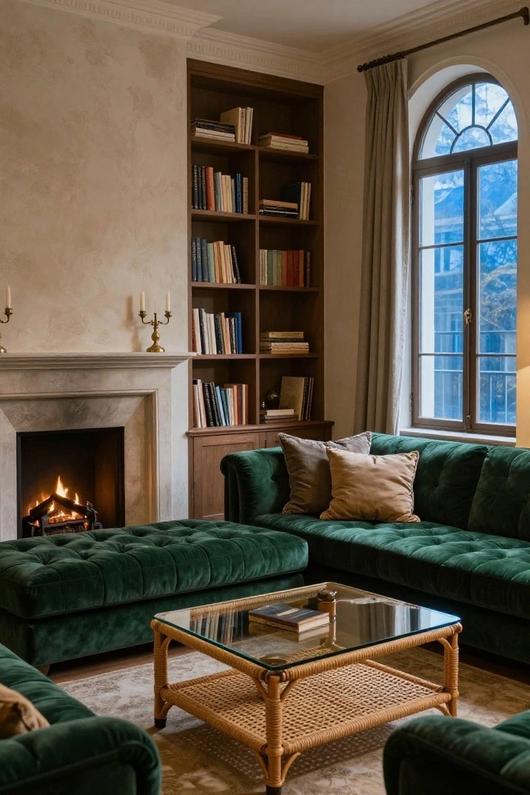 Cozy living room with emerald green velvet tufted sofas and ottoman around a glass-top rattan coffee table, stone fireplace with fire, wooden bookshelves, and arched window with gray curtains.