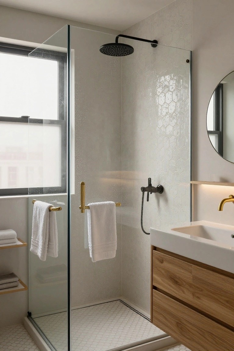 Walk-in shower enclosed by clear glass panels with white hexagonal tiles on the walls and floor, adjacent wooden vanity with white sink and brass faucet, gold towel rails, and a round mirror in a modern bathroom.