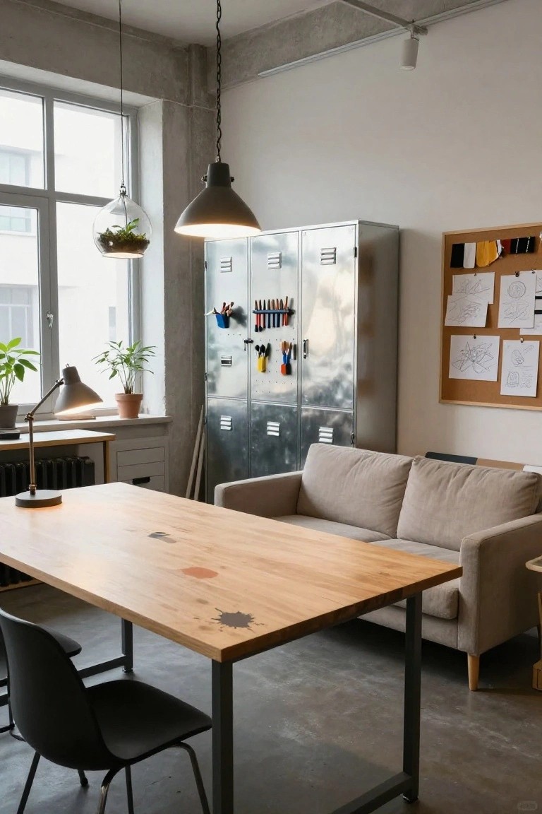 Loft office with wooden table, black chairs, beige sofa, tall metal lockers stocked with tools and supplies, desk lamp, plants, and drawings on a corkboard near windows.