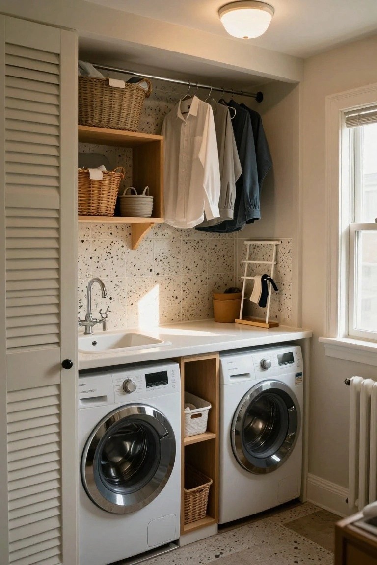 Compact indoor laundry room with white front-loading washer and dryer, open wood shelving stocked with wicker baskets, hanging clothes and linens, utility sink against speckled tile backsplash, louvered cabinet doors, and a radiator nearby.