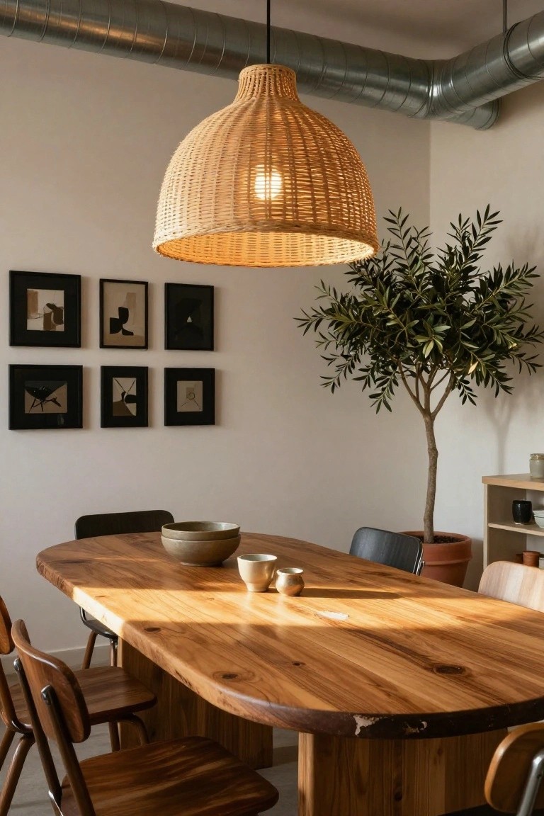 Oval live-edge wooden dining table with ceramic bowls and cups in a loft dining area featuring rattan pendant light, abstract black-framed art on walls, potted olive tree, wooden chairs, and exposed metal ductwork overhead.