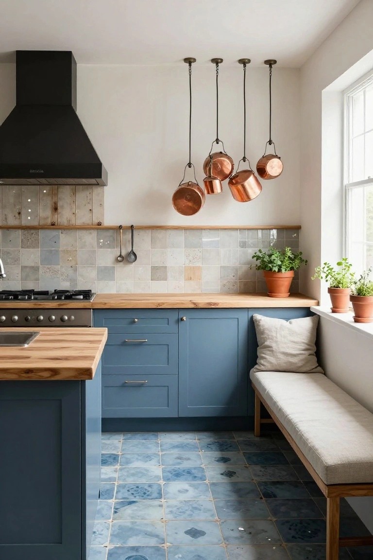 Kitchen interior with navy blue cabinets, wooden countertops and island, hanging copper pots from the ceiling, blue patterned tile floor, gray backsplash tiles, and a cushioned bench seat next to a window.