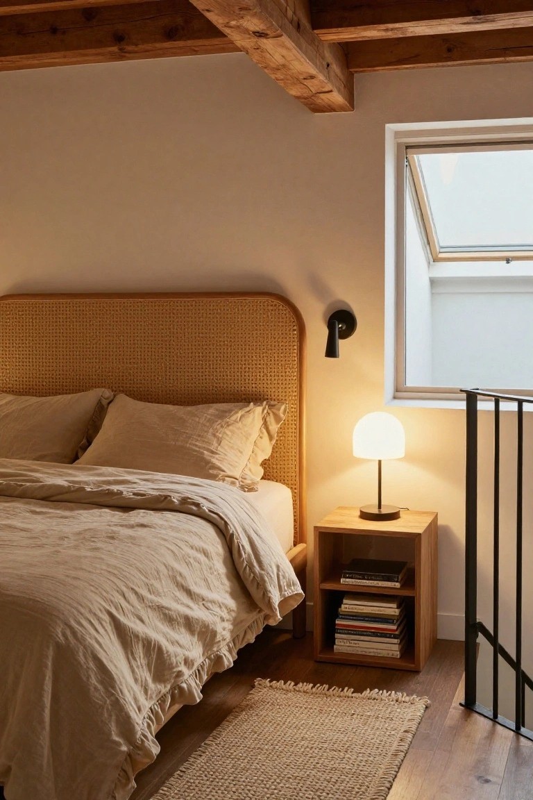 Loft bedroom with rattan headboard on wood bed frame, beige linen pillows and duvet, opal lamp and stacked books on wooden nightstand, exposed ceiling beams, skylight window, and metal railing in corner.