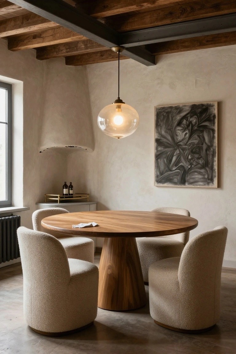 Round wooden pedestal dining table with four curved cream upholstered chairs in a room featuring exposed wooden ceiling beams, textured plaster walls, a pendant light, abstract wall art, and a side table with wine bottles.