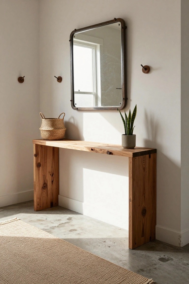 White corner entryway with live-edge wooden console table topped by woven basket and snake plant potted in gray ceramic, industrial metal mirror above flanked by wooden wall hooks, beige rug on concrete floor.