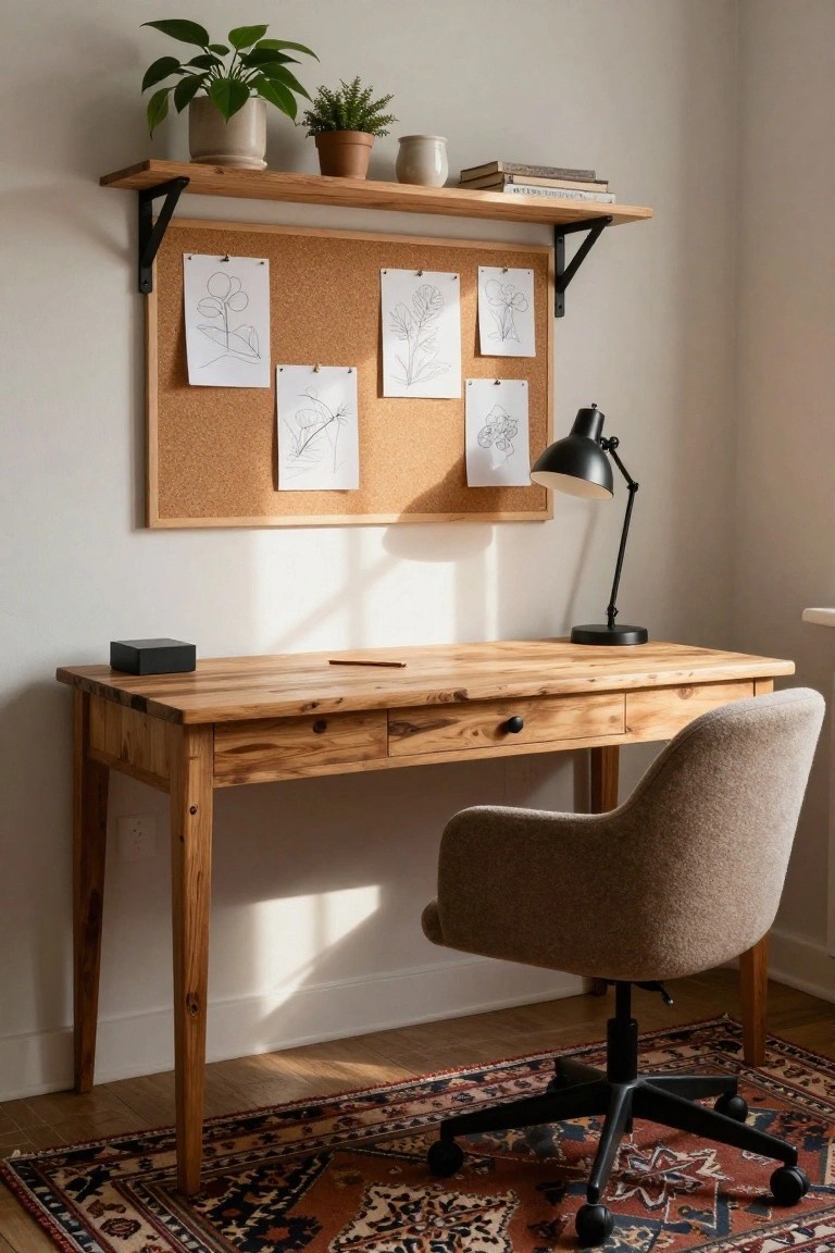 Wooden desk with drawer on tapered legs in a beige room, corkboard with drawings above, shelf with plants and books, black desk lamp, upholstered chair, and patterned rug on wood floor.